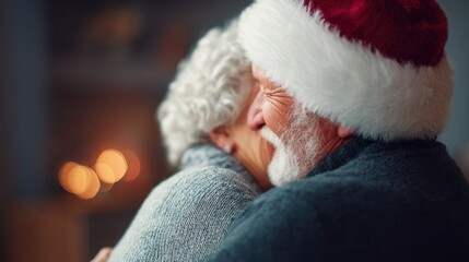 Obraz premium elderly couple hugging on Christmas Eve, grandpa wearing Santa hat, cozy home holiday setting, warm and festive atmosphere