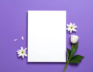 Elegant white floral frame with tulip and anemone on vibrant purple backdrop
