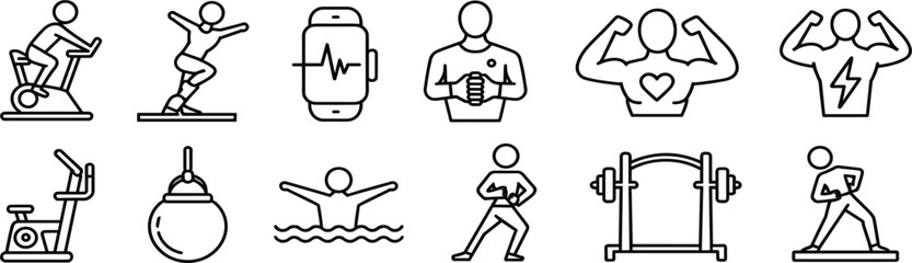 Fitness, Workout, and Exercise Vector Icon Set: Sport, Gym Equipment, Health, Training, Outline Signs, Editable Stroke