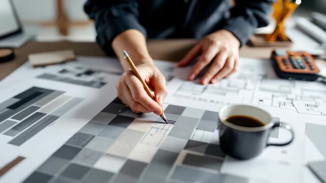 Architect or engineer’s hands review blueprints and draft sketches with pencil and ruler on bright office desk, modern architectural process concept - Powered by Adobe