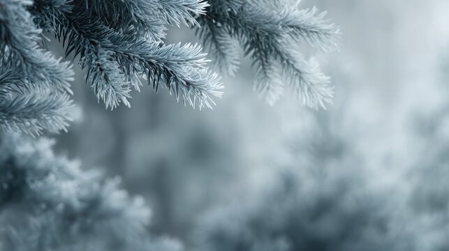 winter background with frost-covered spruce trees, ice and snow on coniferous branches, serene cold forest scene - Powered by Adobe