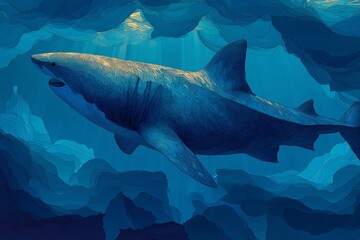 Naklejka premium Stylized shark vector illustration swimming through deep blue ocean layer bold modern marine wildlife art isolated background
