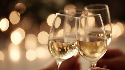 hands holding wine glasses for holiday toast, sparkling bokeh lights, Christmas and New Year vibe, cozy festive scene