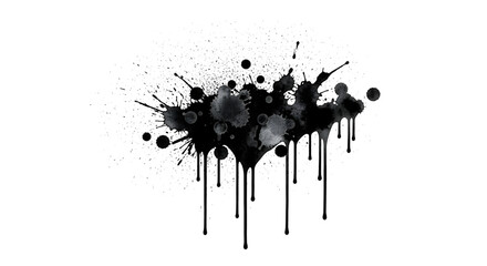 Watercolor ink splatters and drips on black, abstract fluid design element