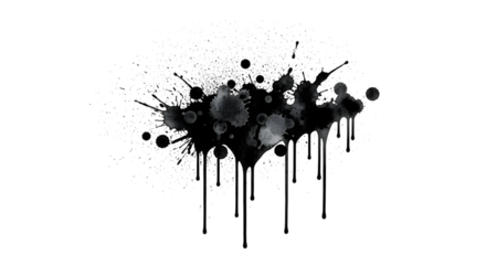 Watercolor ink splatters and drips on black, abstract fluid design element