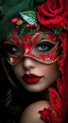 Obraz premium Woman Wearing Red Mask with Gold Detailing and Rose Adornments Poses in Studio with Dark Background.
