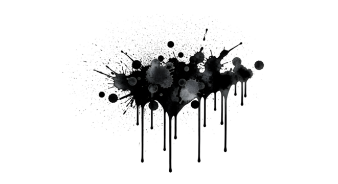 Watercolor ink splatters and drips on black, abstract fluid design element