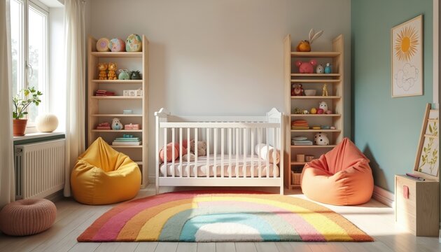 Bright nursery room with white crib, shelves full of toys, rainbow rug, beanbags. Sunlight streams through window illuminating playful childs space. Modern kid decor features pastel colors, wood