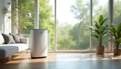 Modern air purifier in bright living room near sofa and plants. Device cleans indoor air, connects to smart home tech. Offers comfort and healthy environment with fresh air.