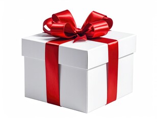 Fototapeta premium Gift box White box tied with a bright red ribbon and bow