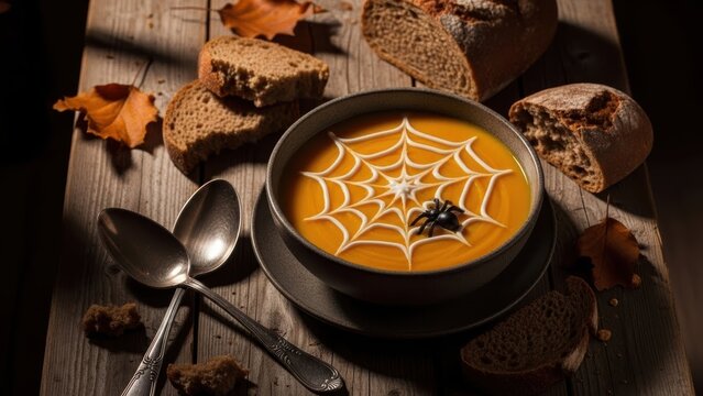 Delicious halloween pumpkin soup served in a bowl with a spider web design and a toy spider on top - Powered by Adobe