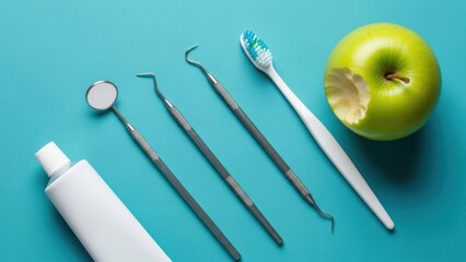 Dental hygiene tools and a bitten apple arranged on a teal background symbolizing oral health and care