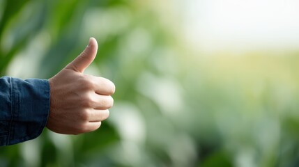 farmer showing approval with thumbs up in maize field, selective focus on hand, bright outdoor agricultural scene