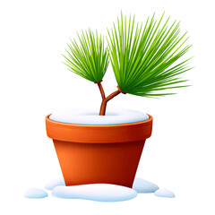 A lively pine sapling sprouts from a terracotta pot, symbolizing new beginnings amidst winter's snow.