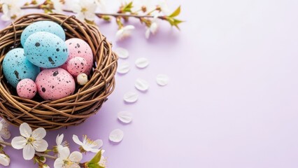 Easter nest with speckled blue and pink eggs surrounded by delicate white blossoms and petals on a soft purple background