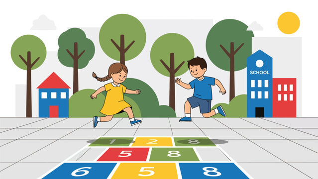 Kids playing hopscotch during school recess outdoors. Ideal for playful learning, childhood motor development, schoolyard games, and active learning visuals.