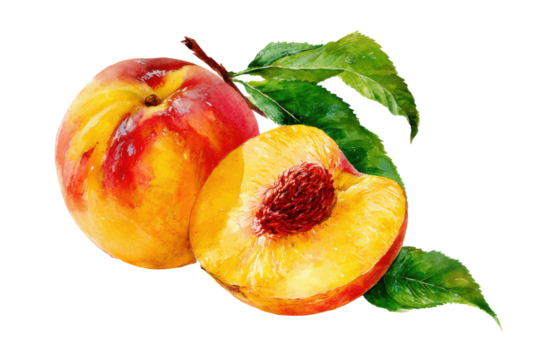 Watercolor painting of a fresh peach and a halved peach with leaves isolated on transparent background. Fresh ripe peaches and a leaf isolated on white background.