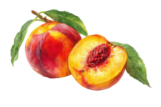 Watercolor painting of a fresh peach and a halved peach with leaves isolated on transparent background. Fresh ripe peaches and a leaf isolated on white background.