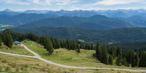 Blick auf die Bergwelt, Brauneck, Bayerische Voralpen, Isarwinkel, Lenggries,  Oberbayern, Bayern, Deutschland, Europa