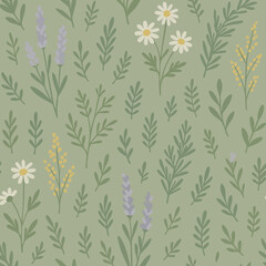 Minimal Green Botanical Pattern with Soft Flowers,Calming seamless botanical pattern with thin leaves and subtle flower accents on a muted green background. Great for eco branding, packaging