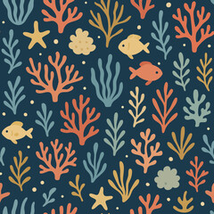 Dark Floral Pattern with Hand-Drawn Leaves and Branches,Seamless floral pattern on a dark blue background with colorful leaves and branches. Ideal for fabrics, stationery, wrapping paper