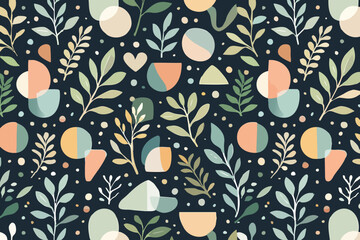 Small Floral Seamless Pattern with Soft Pastel Elements,Minimal and cute floral pattern with small leaves and simple shapes in soft colors on a dark background. Ideal for wrapping paper, fabric