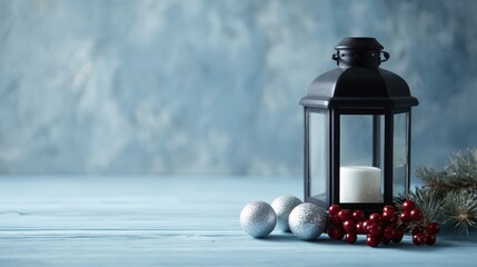 Christmas lantern with festive decorations, placed on blue wooden background, studio shot, high-detail holiday scene