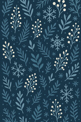 Dark Blue Botanical Leaves and Floral Pattern,Elegant seamless pattern with hand-drawn leaves and floral elements on a deep blue background. Perfect for interior decor, textiles, and stylish product