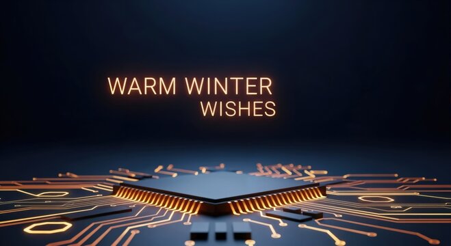 Warm Winter Wishes glowing on a futuristic circuit board with illuminated microchip and digital pathways, representing technology and seasonal greetings