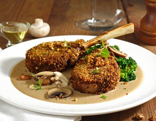 Exquisite Lamb Chops with Mushroom Sauce and Broccoli, Gourmet Dining Experience