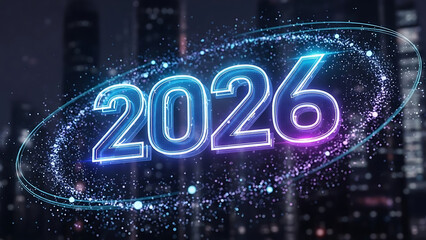 Futuristic neon 2026 digital year display over cityscape