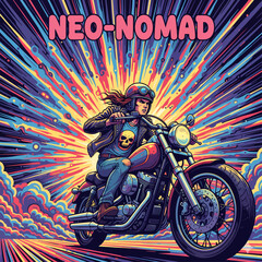 Fototapeta premium Psychedelic Comic Art Neo-Nomad Biker on Motorcycle