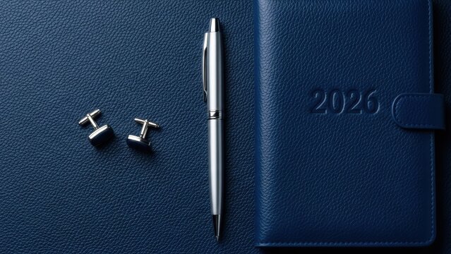 Elegant silver pen and classic cufflinks resting on a dark blue leather planner or journal