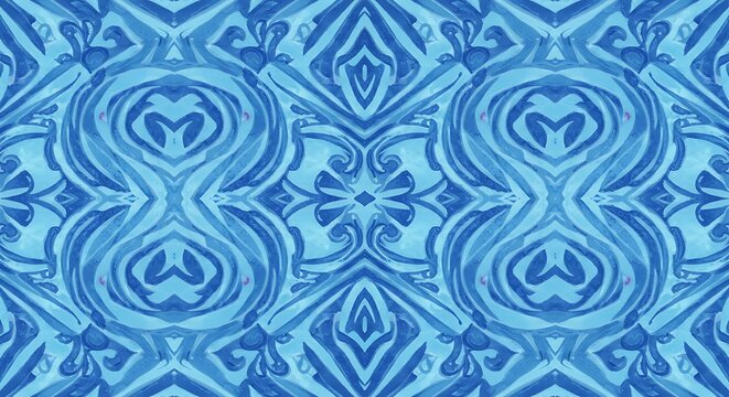 Intricate, symmetrical, and abstract pattern in shades of blue with organic, flowing shapes - Powered by Adobe