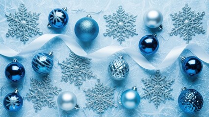 Festive arrangement of sparkling blue christmas ornaments and delicate snowflakes on a light blue background