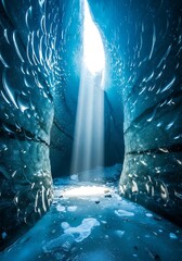 Sunbeams Illuminating a Frozen Ice Cave with Blue Walls glacier blue ice