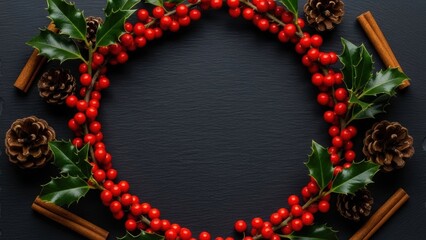 Festive christmas wreath made of holly berries pine cones and cinnamon sticks on dark background