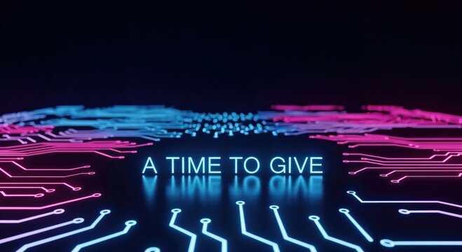 A TIME TO GIVE glowing neon text on futuristic digital circuit board background with blue and pink light trails, technology concept