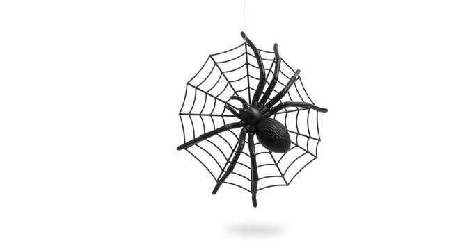 A black toy spider hanging on a spider web against a stark white background in a studio shot - Powered by Adobe