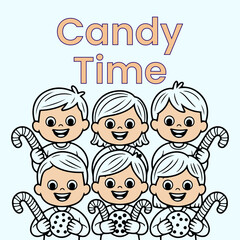 Candy Time with Happy Kids coloring page illustration