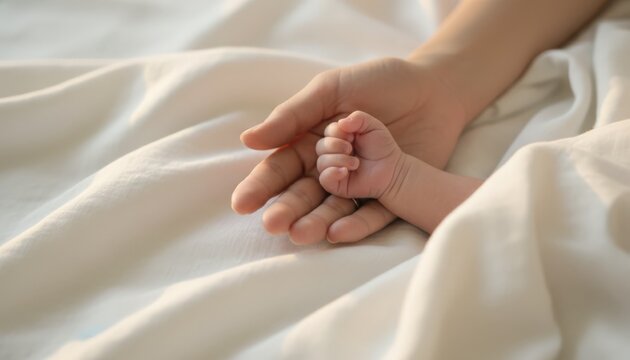 Parent's tender hand gently embracing a newborn baby's tiny clenched fist, symbolizing love, care, family connection, and the precious miracle of new life