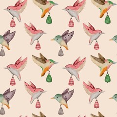 Watercolour Seamless Pattern with Colourful Birds on Beige Background