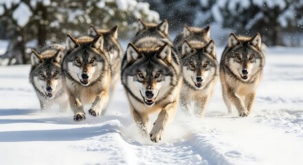 Pack of Wolves Running Through Snowy Forest in Winter wolf
