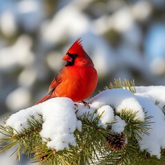 Bright Red Cardinal Perched on a Snow- Covered Pine Branch in Winter bird male