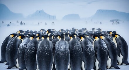 Large Colony of Emperor Penguins Huddled Together in Snowy Antarctica image photo