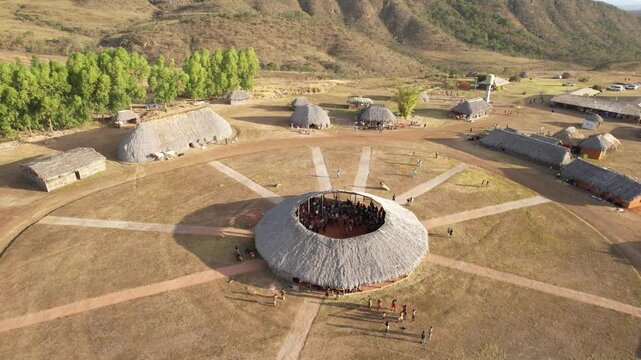 Multiethnic Village, a tourist event bringing together indigenous tribes from all over Brazil in Chapada dos Veadeiros, Goi&aacute;s, aerial view