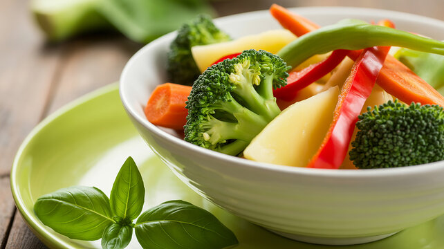 Freshly prepared steamed vegetables in a bowl with basil garnish - Powered by Adobe