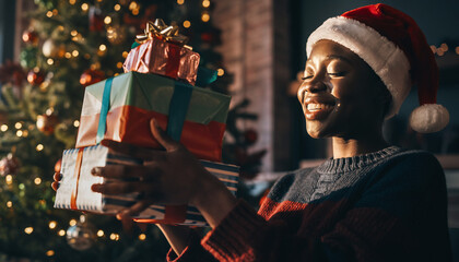 Smiling Black woman in a Santa hat, joyfully holding beautifully wrapped Christmas gifts by a festive, glowing holiday tree, perfectly capturing the spirit of seasonal celebration and giving