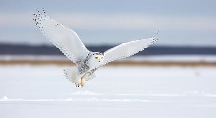 Snowy Owl in Flight Over a White Snowy Landscape with Wings Spread bird flying