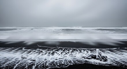 Stark Black Sand Beach with Snow and Ocean Waves in Overcast Weather image photo
